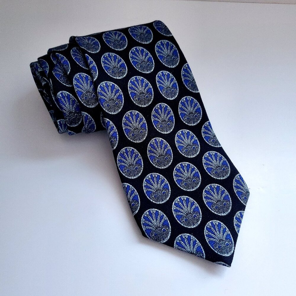 100% Silk CHRISTIAN DIOR Monsieur Art Deco Men's Suit Tie Black & Blue 57"